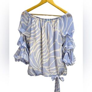 CeCe Off Shoulder Flutter Sleeve Blouse Medium Pastel Blue Tie Front